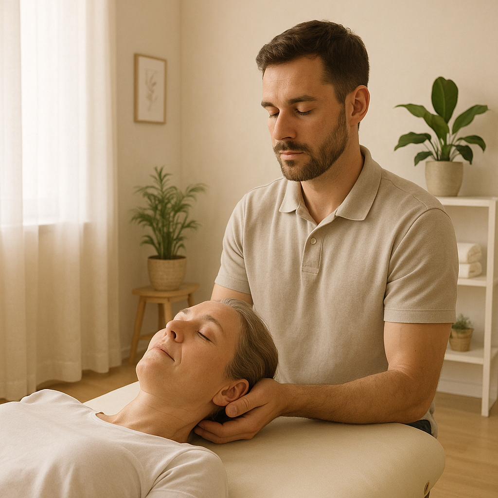 Ostéopathe en séance, travail doux sur la nuque pour soulager la douleur – Cabinet Baptiste Moire près de Villenave D'Ornon.